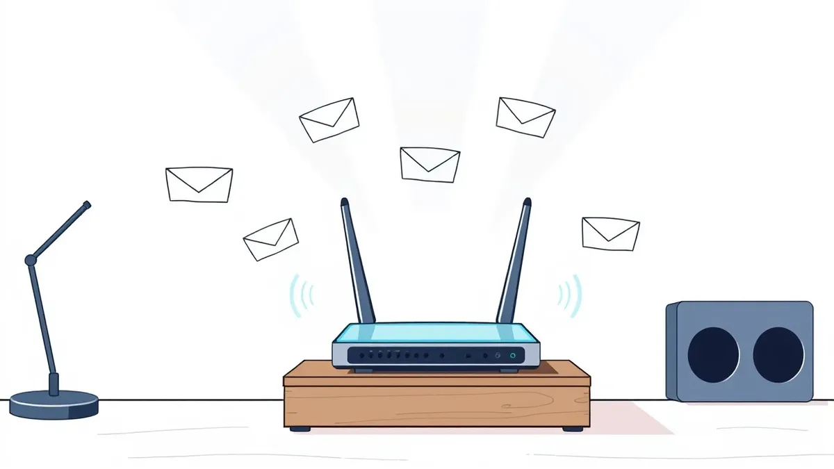 Illustration: A transparent wireless router sits on a wooden desk with glowing blue signal waves radiating outward.