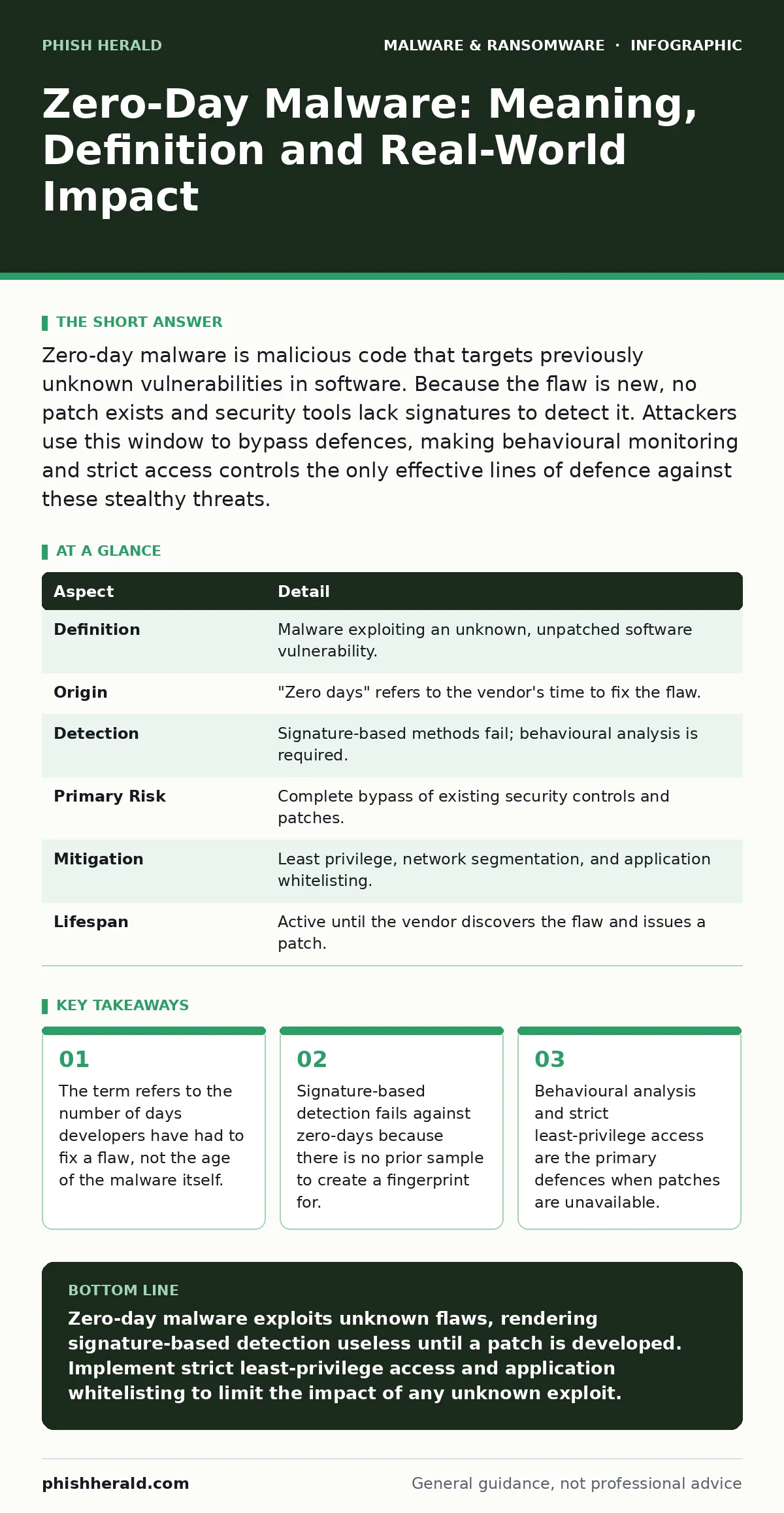 Infographic: Zero-Day Malware: Meaning, Definition and Real-World Impact. The term refers to the number of days developers have had to fix a flaw, not the age of the malware itself. Signature-based detection fails against zero-days because there is no prior sample to create a fingerprint for. Behavi