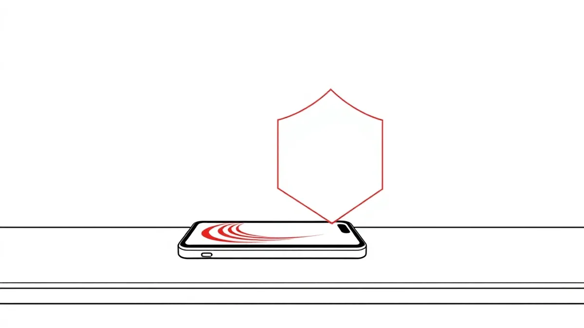 Illustration: A sleek, unmarked smartphone sits on a clean white desk, its screen displaying a subtle, pulsing red ripple that distorts the abstract background.