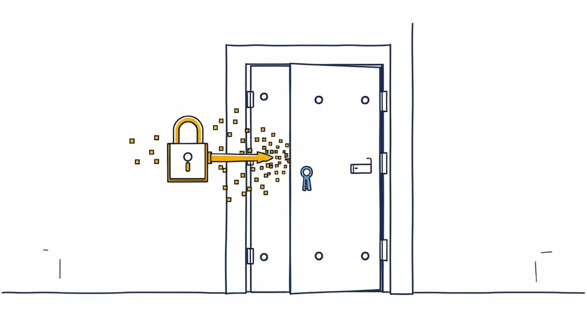 Illustration: A digital key dissolves into pixels immediately after unlocking a secure door.