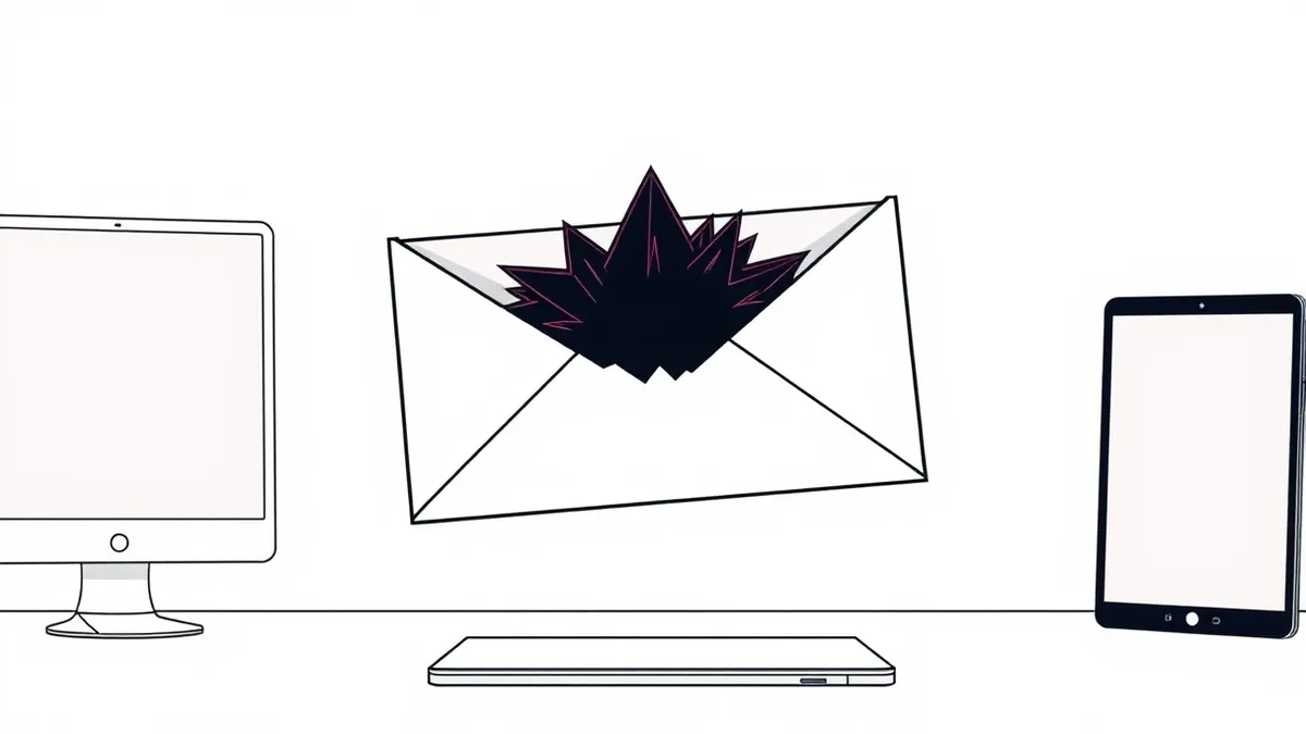 Illustration: A white envelope floats mid-air, its surface peeling back like a translucent mask to reveal a jagged, dark void underneath.