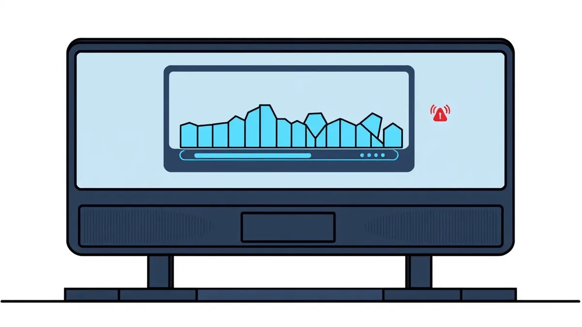 Illustration: A sleek black security console sits on a clean desk, its large screen displaying a rapid progress bar filling instantly with blue geometric shapes.