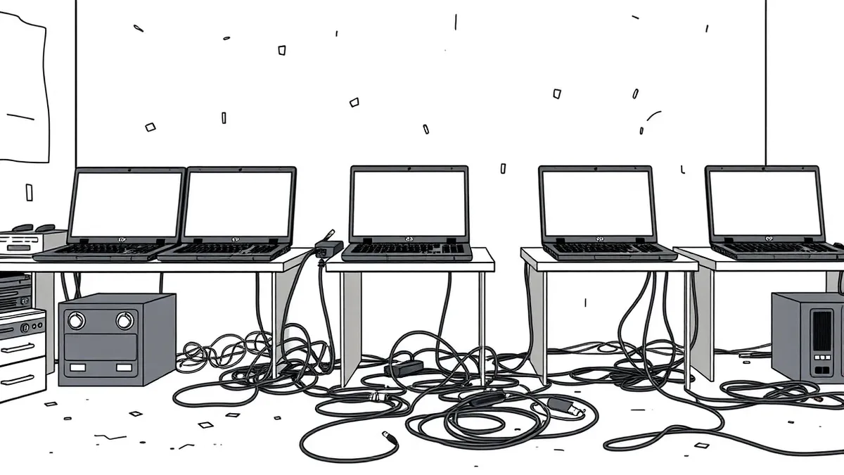 Illustration: A row of identical black laptops sits on cluttered desks in a dimly lit room.