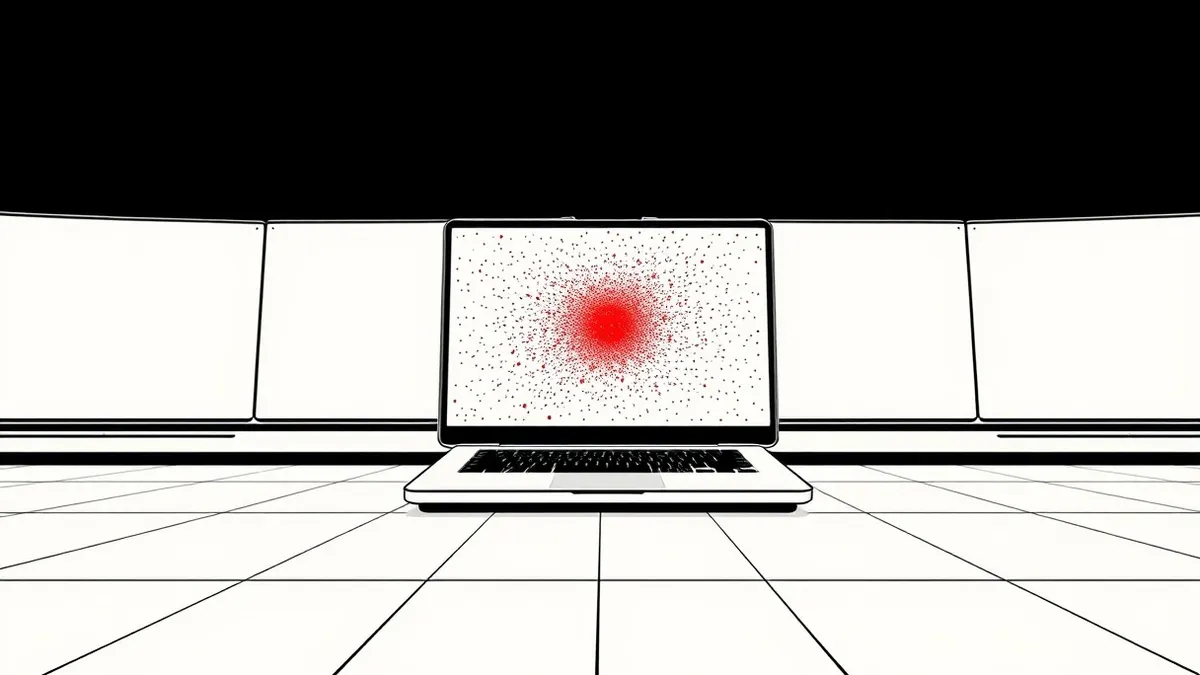Illustration: A darkened control room floor holds a single open laptop displaying a dense scatter plot of tiny glowing dots.