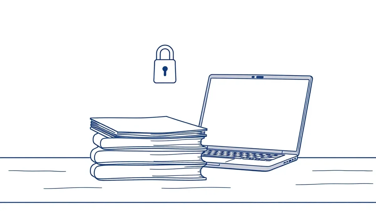 Illustration: A stack of blank standardized test booklets sits on a wooden desk next to a single open laptop.