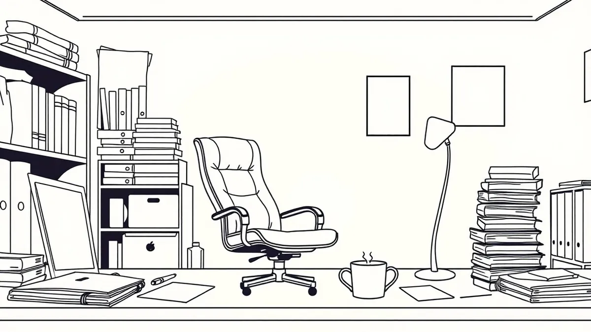 Illustration: A solitary leather office chair sits empty in a dimly lit, cluttered workspace.