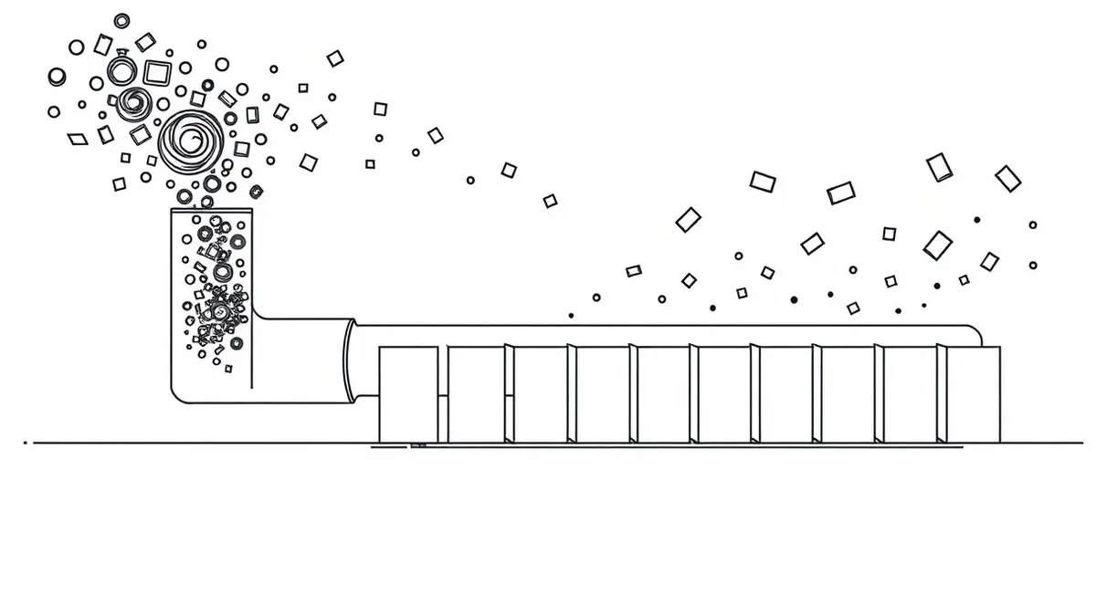 Illustration: A transparent glass pipeline collects chaotic swirling particles and channels them into a neat row of identical geometric blocks.