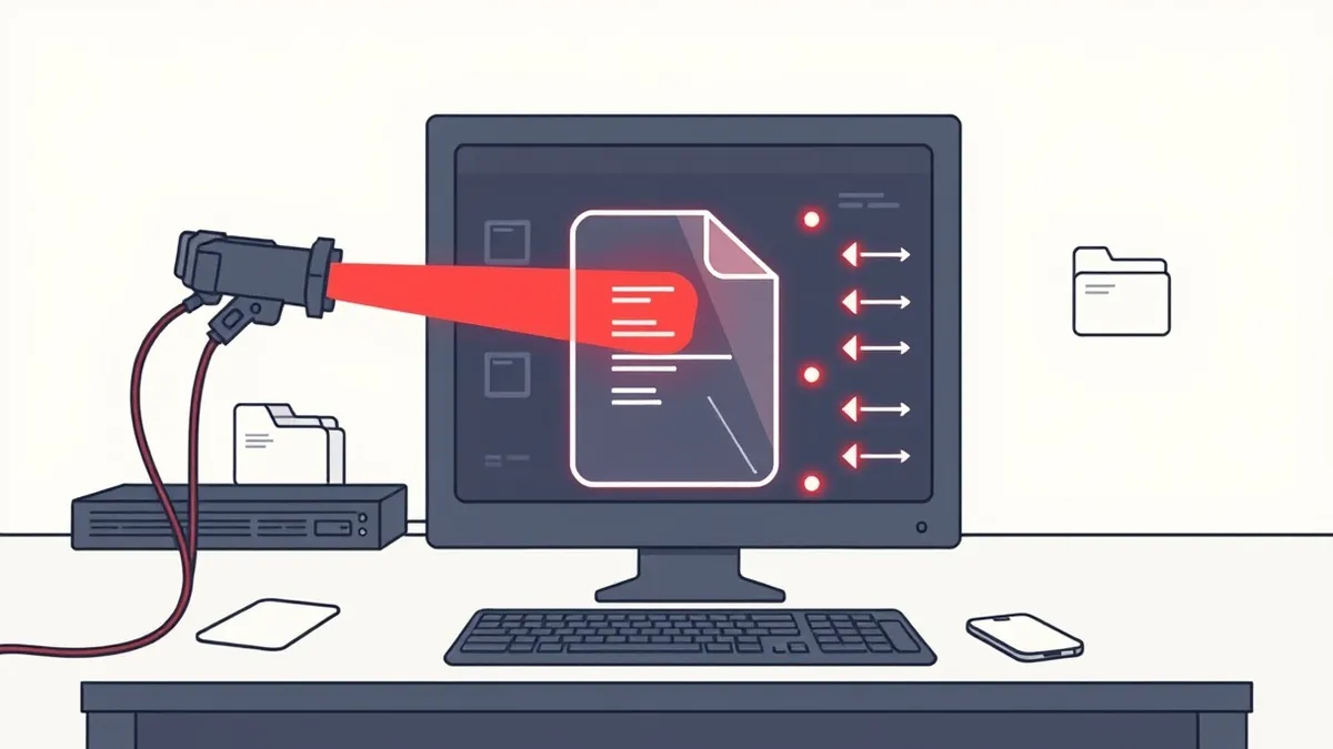 Illustration: A glowing red sensor probe scans a translucent, crystalline executable file resting on a dark server console.