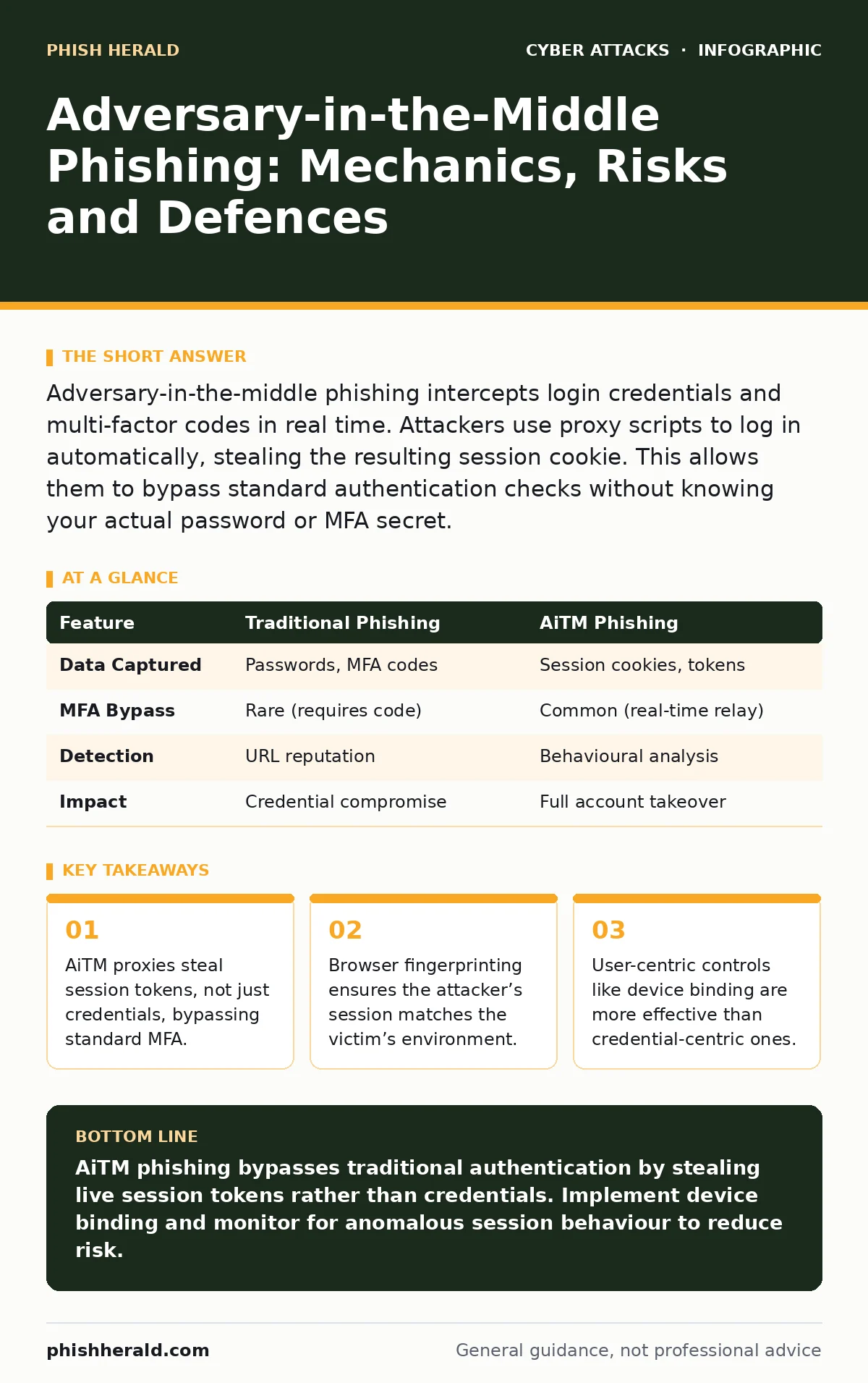 Infographic: Adversary-in-the-Middle Phishing: Mechanics, Risks and Defences. AiTM proxies steal session tokens, not just credentials, bypassing standard MFA. Browser fingerprinting ensures the attacker’s session matches the victim’s environment. User-centric controls like device binding are more ef