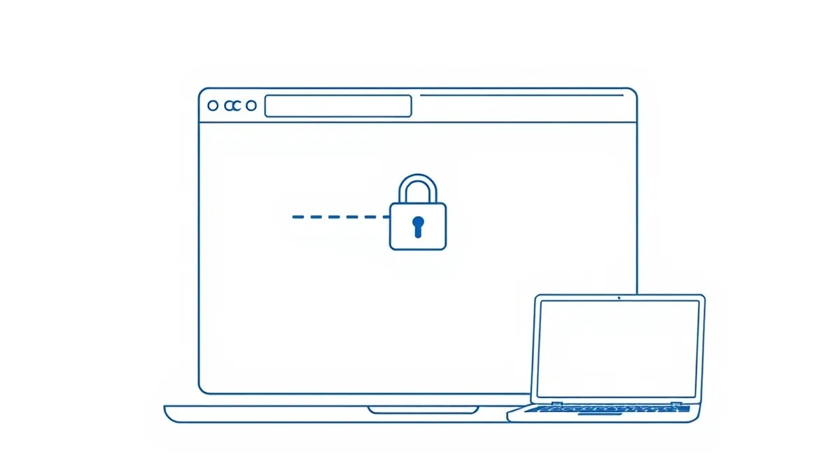 Illustration: A minimalist web browser window displays a blank white page with a single, thin blue line representing a file path that breaks through a dotted security boundary.