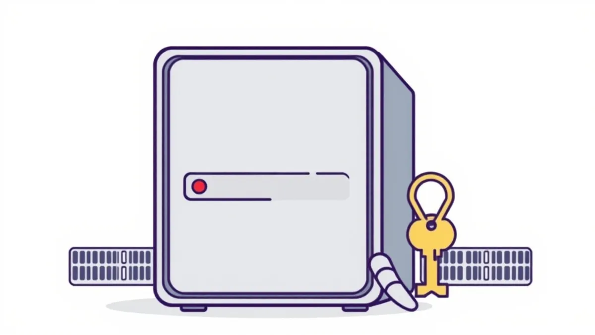 Illustration: A sleek silver cloud storage server sits beside a distinct brass key held in a single hand.