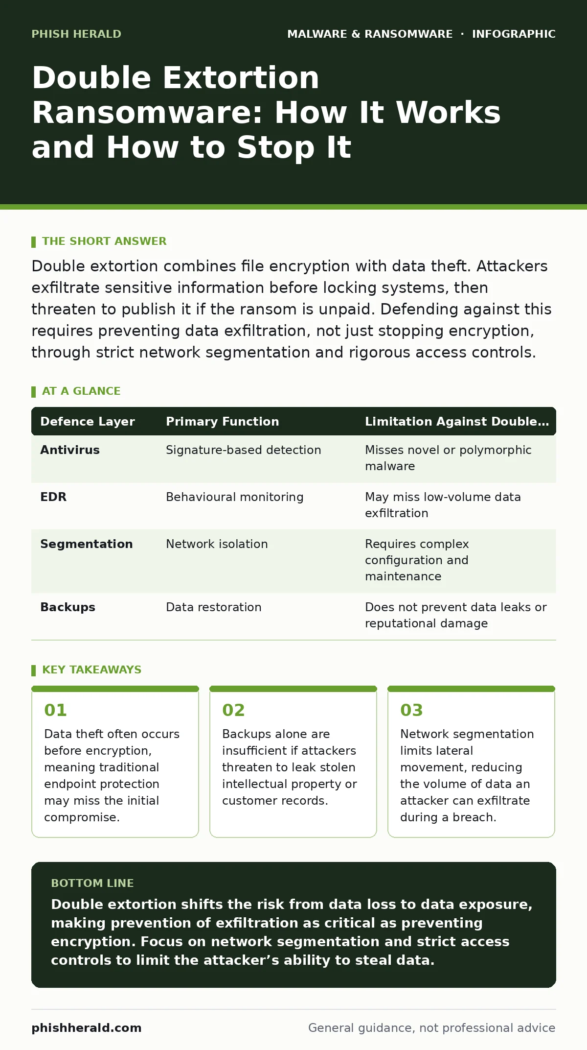 Infographic: Double Extortion Ransomware: How It Works and How to Stop It. Data theft often occurs before encryption, meaning traditional endpoint protection may miss the initial compromise. Backups alone are insufficient if attackers threaten to leak stolen intellectual property or customer records