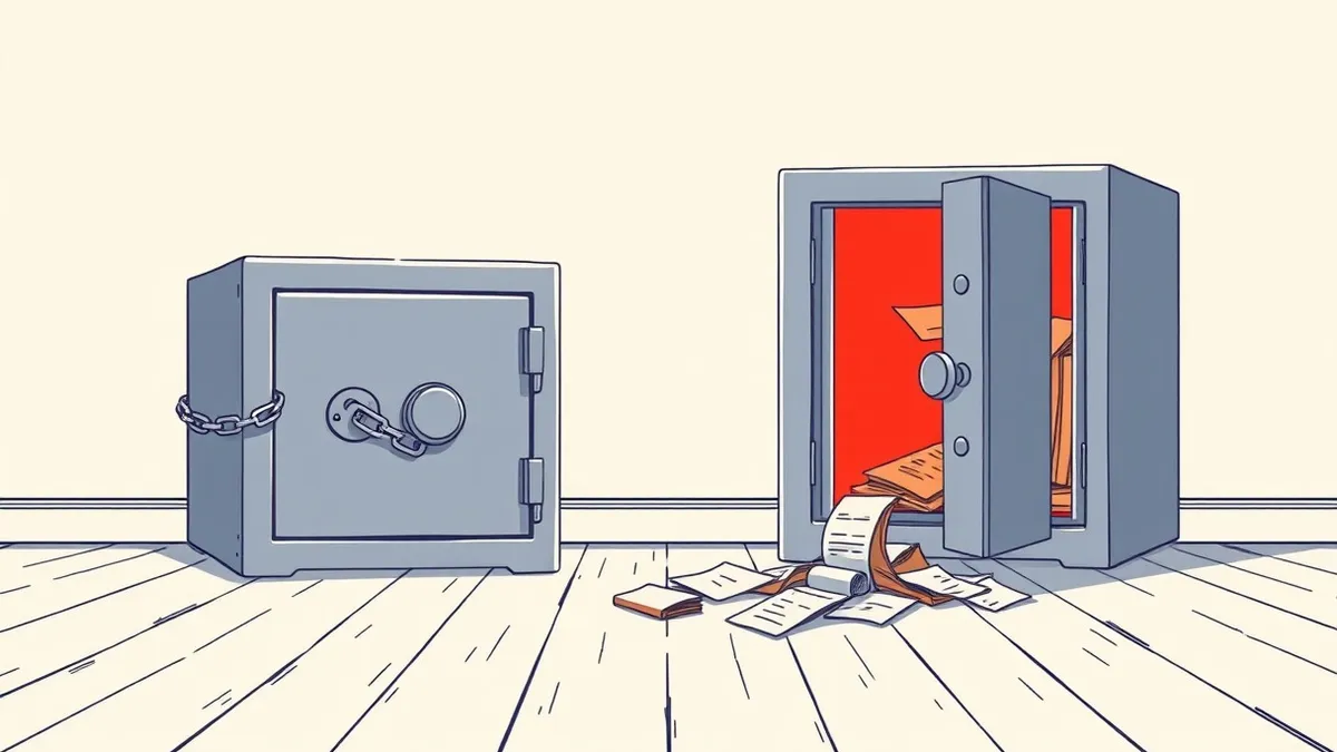 Illustration: Two locked metal safes sit side by side on a dusty wooden floor.