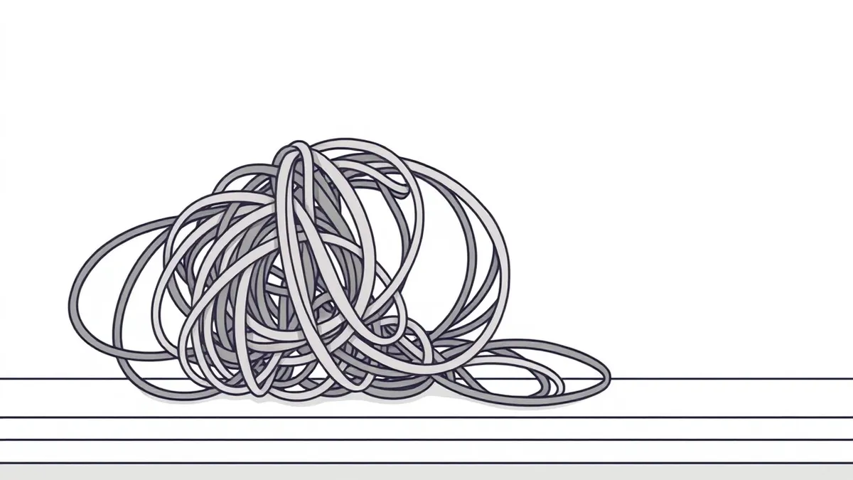 Illustration: A tangled knot of grey code threads sits on a white desk.