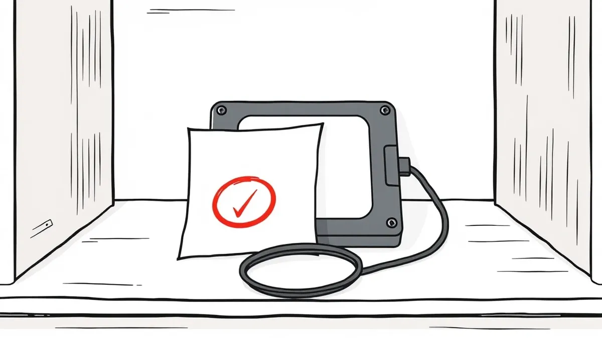 Illustration: A single external hard drive sits unplugged on a dusty shelf, isolated from any computer.