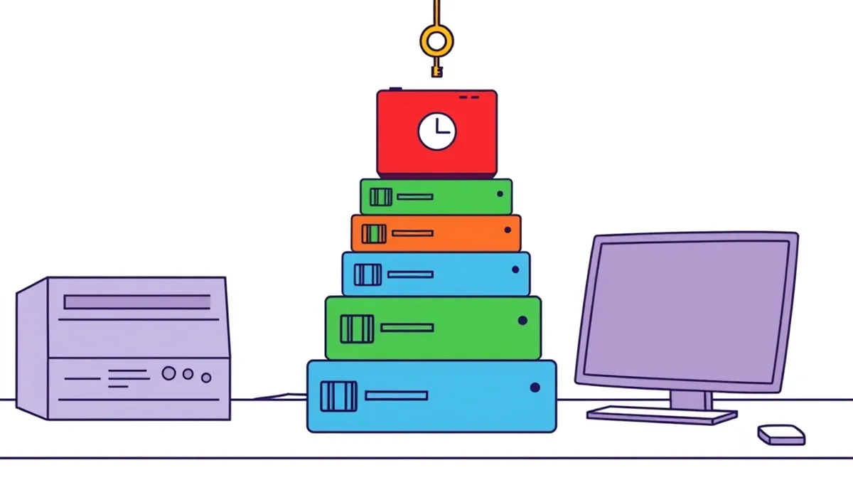 Illustration: A neat stack of software update boxes sits on a desk, with one red box floating slightly above the pile.