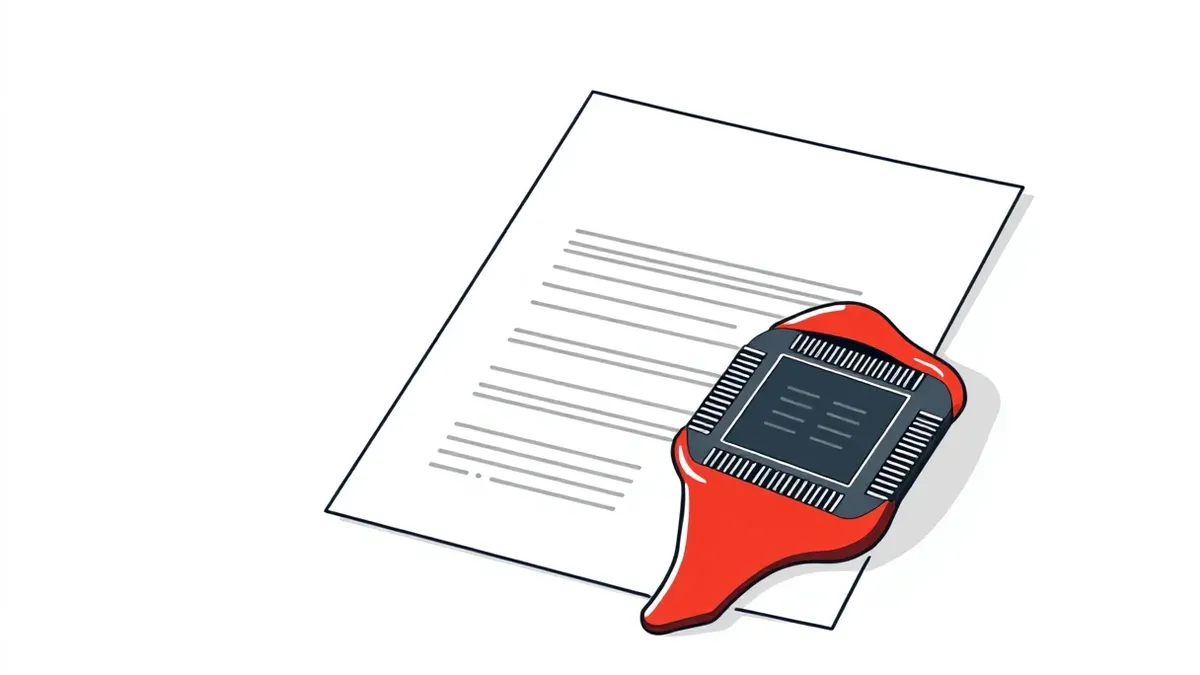 Illustration: A sleek microprocessor chip rests on a clean white surface next to a blank contract document.