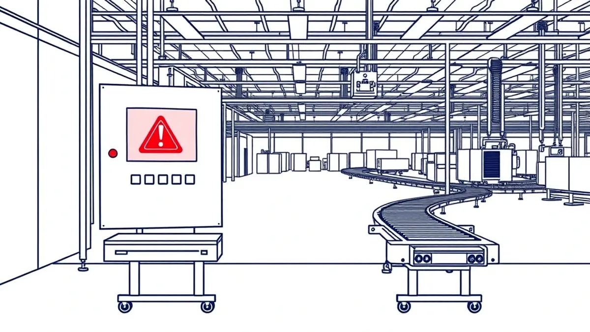 Illustration: A red warning light flashes on a blank industrial control panel beside a stalled conveyor belt.