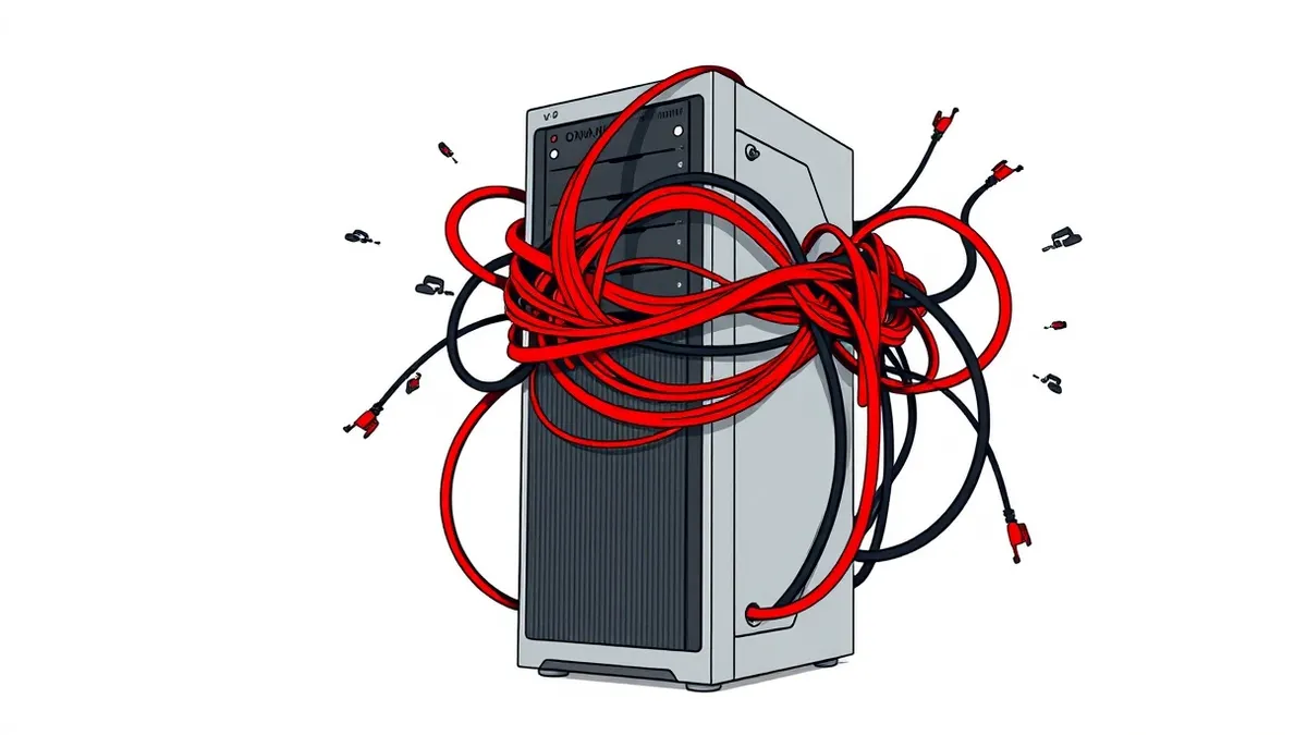 Illustration: A tangled knot of red and black wires wraps tightly around a sleek silver web server tower, constricting the device.