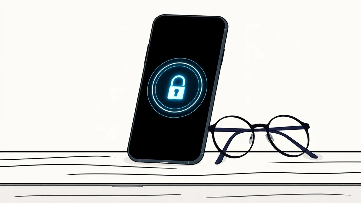 Illustration: A sleek, matte-black smartphone rests on a polished wooden desk next to a pair of round, wire-frame glasses.