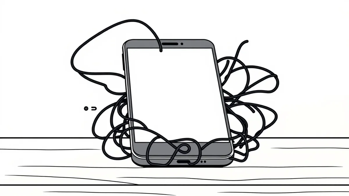 Illustration: A sleek smartphone rests on a wooden desk, its screen displaying a blank white webpage with simple geometric shapes.