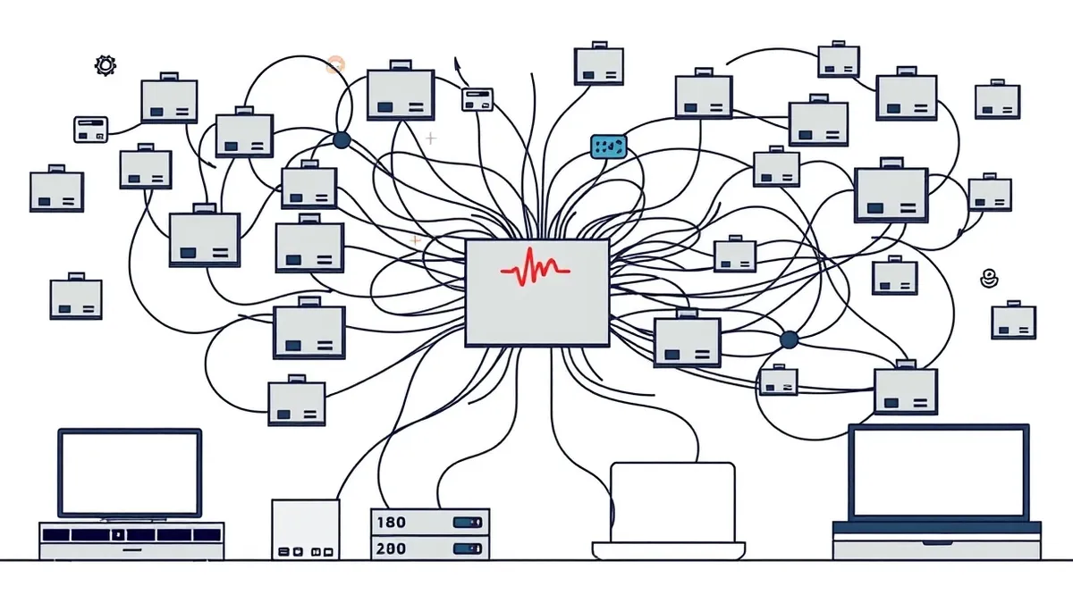 Illustration: A tangled web of interconnected grey boxes and lines forms a complex supply chain structure.