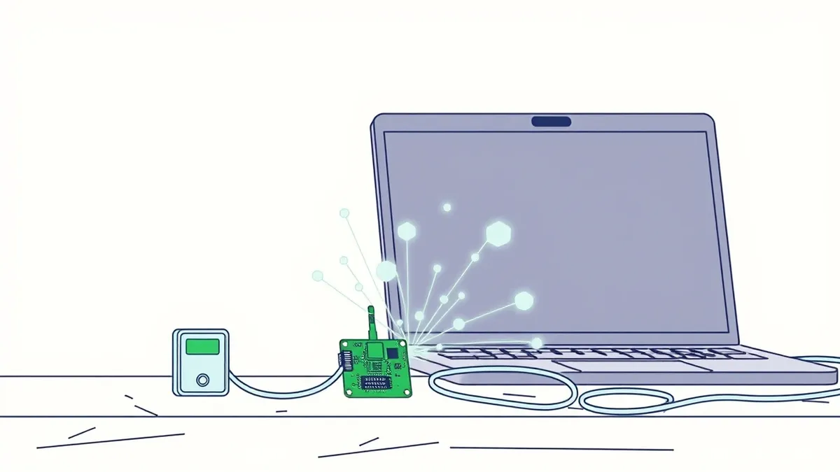 Illustration: A small smart home sensor sits on a workbench with its casing removed, exposing green circuit boards and tiny chips.