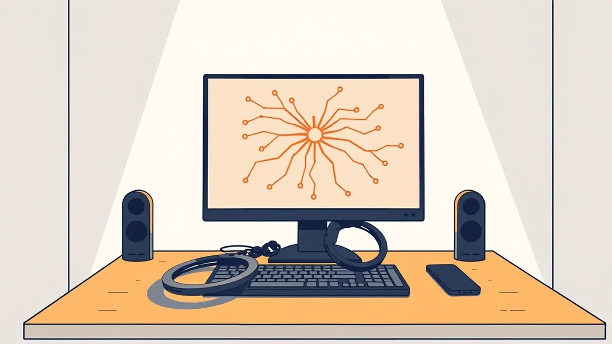 Illustration: A dark room contains a single glowing monitor displaying a complex spider web of orange connection lines.