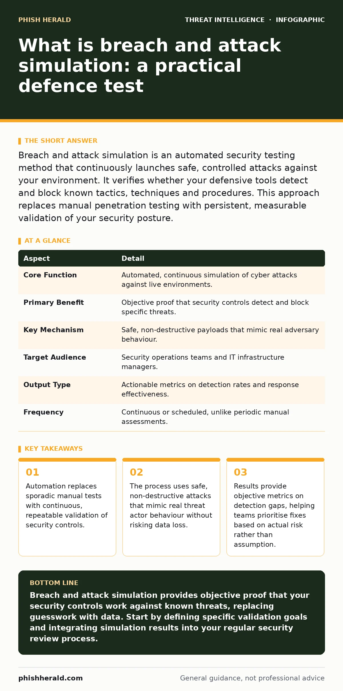 Infographic: What is breach and attack simulation: a practical defence test. Automation replaces sporadic manual tests with continuous, repeatable validation of security controls. The process uses safe, non-destructive attacks that mimic real threat actor behaviour without risking data loss. Results