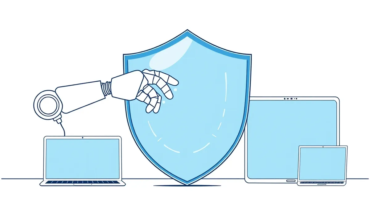 Illustration: A sleek white robotic arm extends from a central hub, gently tapping the surface of a translucent blue shield.