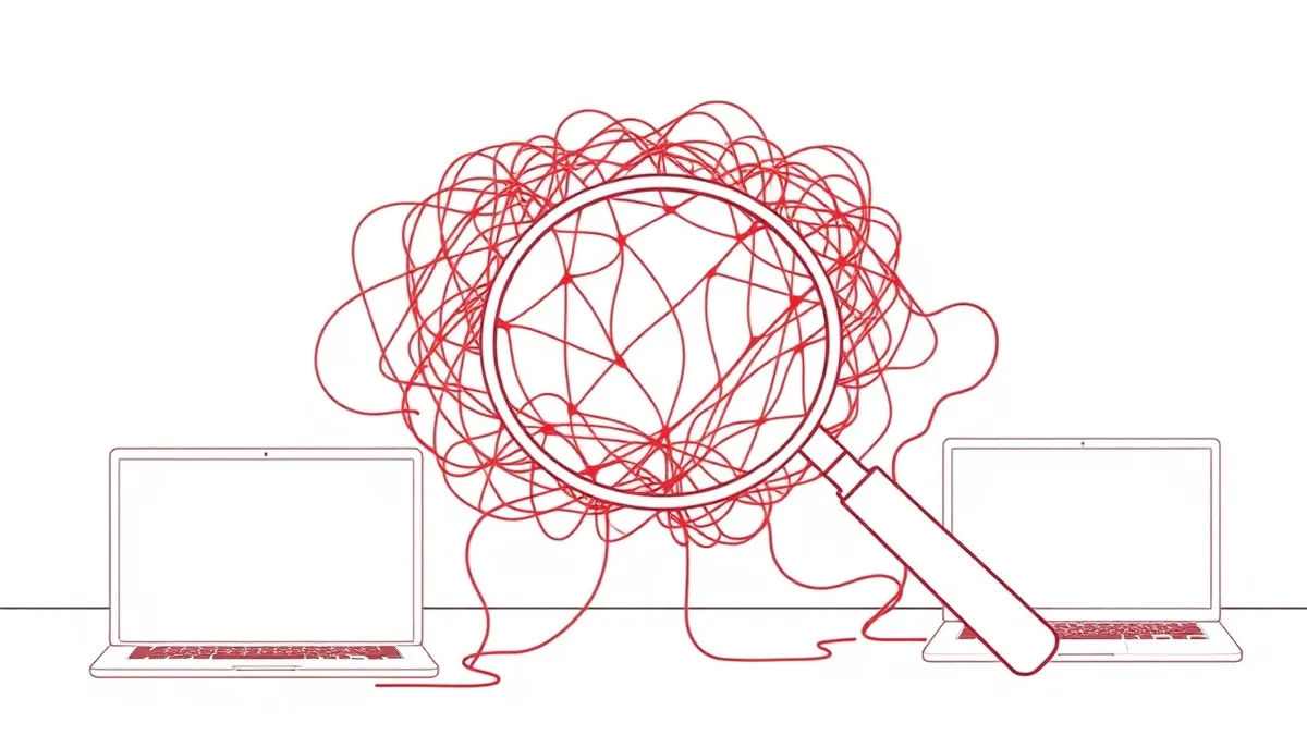 Illustration: A magnifying glass hovers over a tangled web of invisible red threads woven through a clean white mesh, highlighting hidden anomalies that escaped the wider filter’s