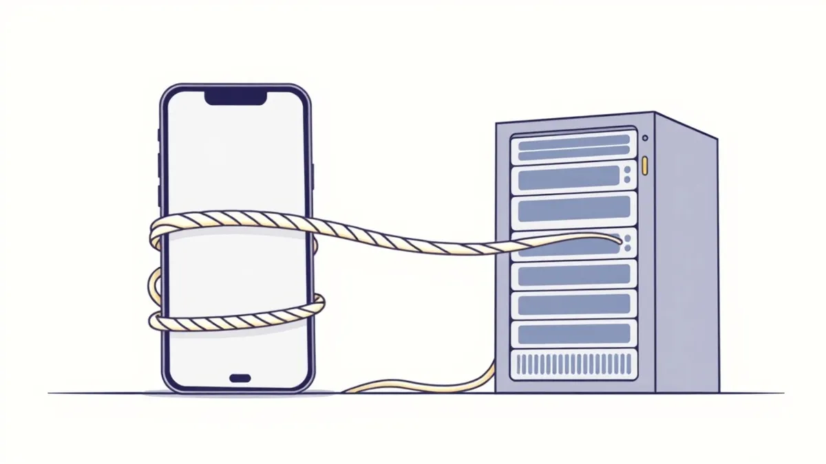 Illustration: A thick rope of liability wraps tightly around a smartphone and a server rack, binding them together.