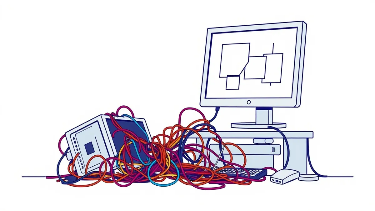Illustration: A chaotic tangle of loose, colorful wires spills from a shattered computer casing onto a messy desk, while a single, neatly coiled cable rests orderly beside a blank