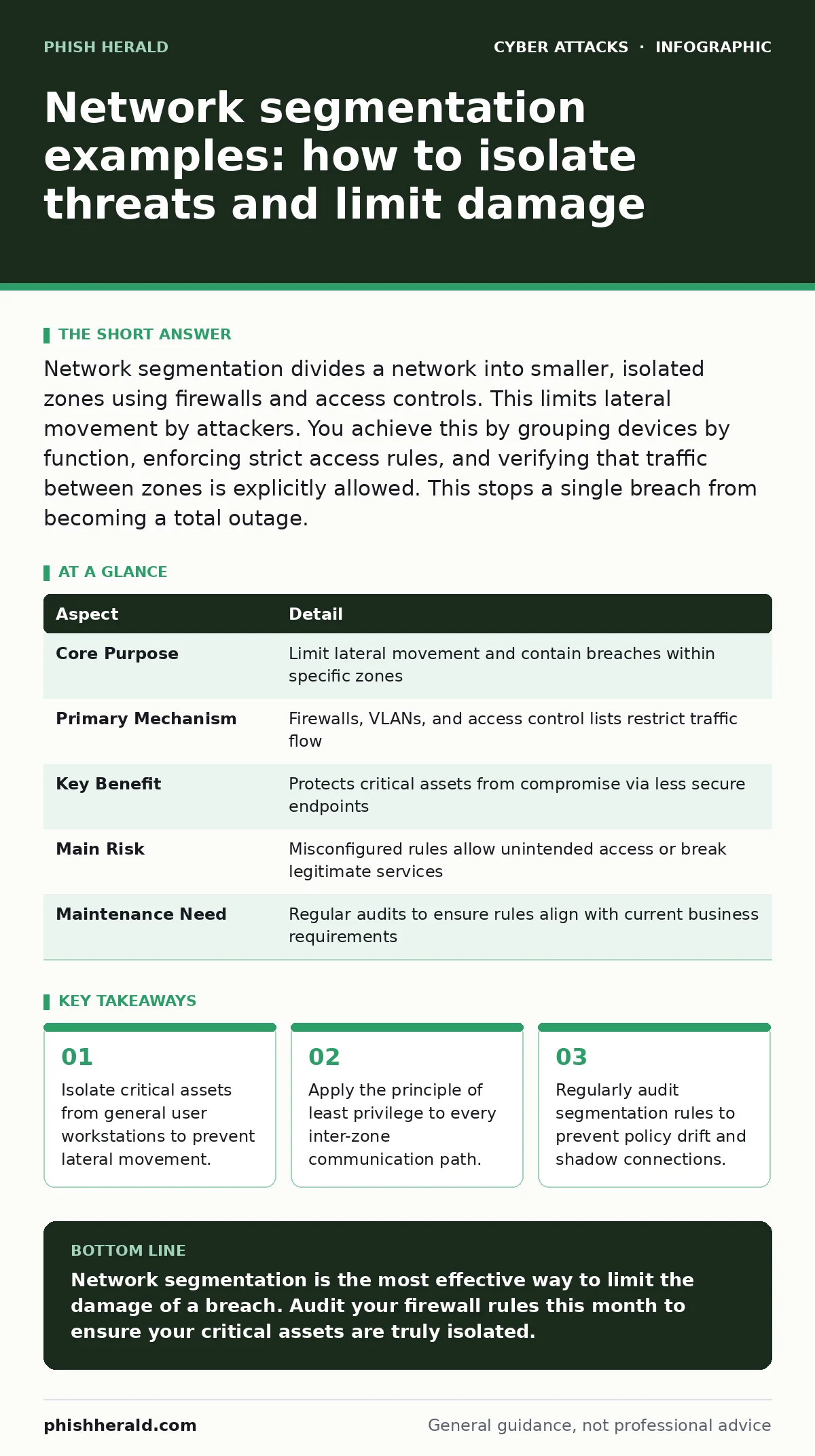 Infographic: Network segmentation examples: how to isolate threats and limit damage. Isolate critical assets from general user workstations to prevent lateral movement. Apply the principle of least privilege to every inter-zone communication path. Regularly audit segmentation rules to prevent policy