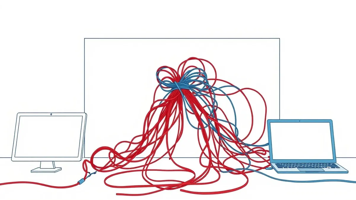 Illustration: A tangled web of red wires stops abruptly at a clear glass barrier, leaving the blue cables on the other side completely untouched and isolated.