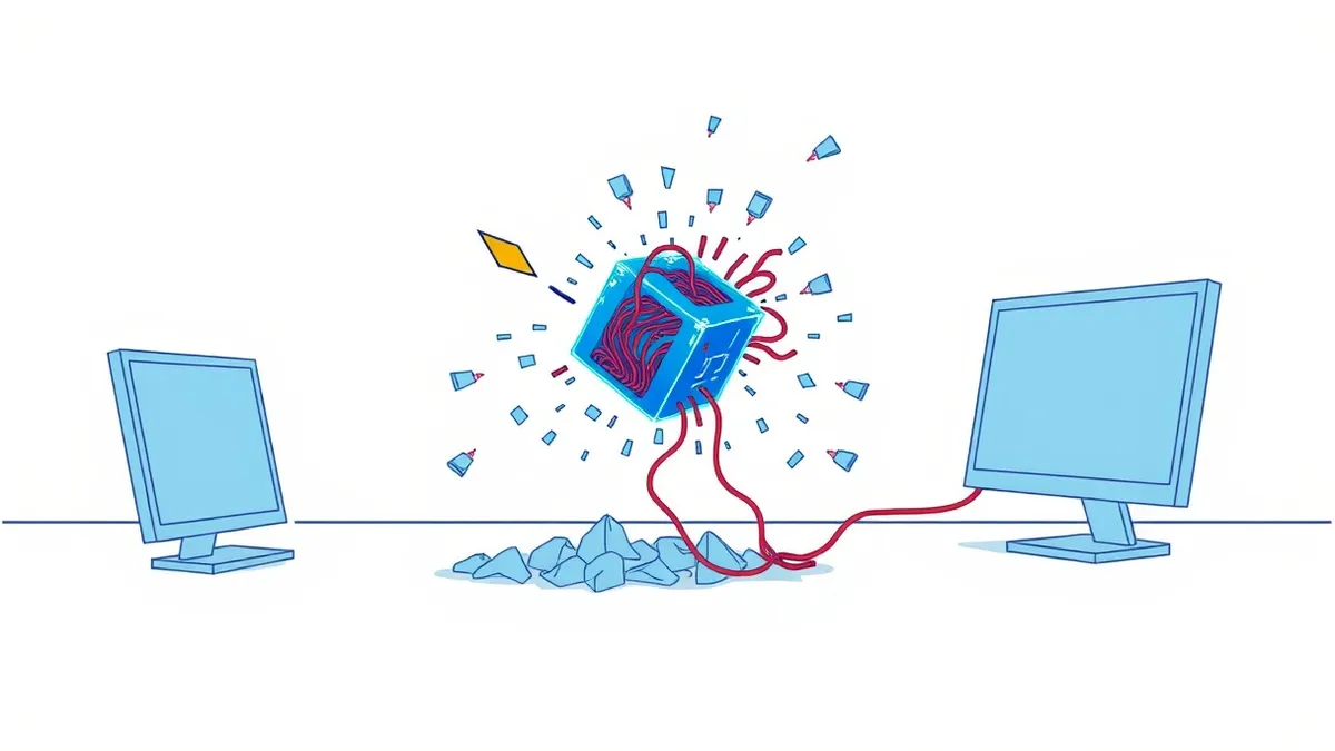 Illustration: A single stylized arrow strikes a glowing blue component cube, causing surrounding digital structures to shatter into frozen fragments.