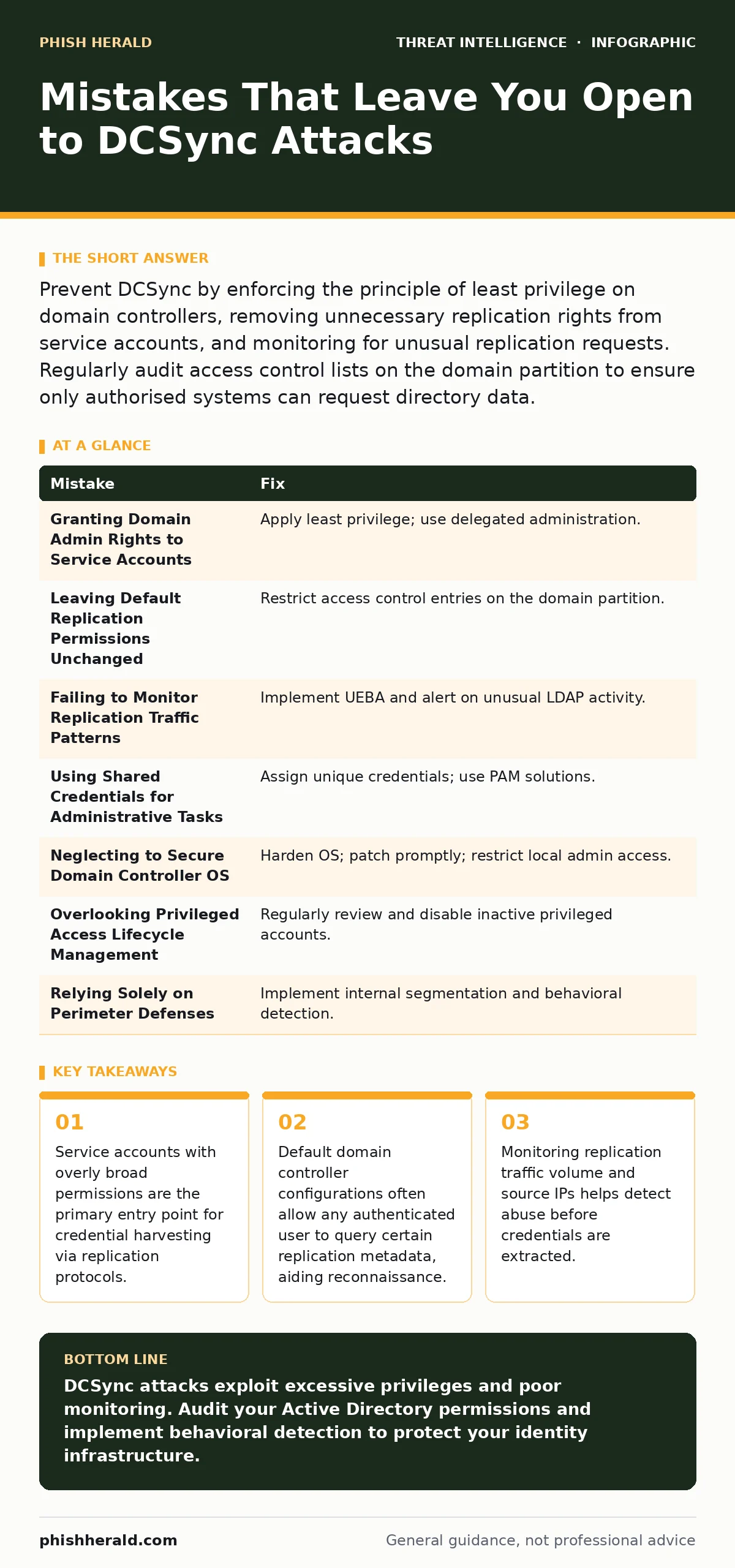 Infographic: Mistakes That Leave You Open to DCSync Attacks. Service accounts with overly broad permissions are the primary entry point for credential harvesting via replication protocols. Default domain controller configurations often allow any authenticated user to query certain replication metada