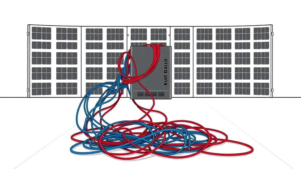 Illustration: A tangled knot of red and blue network cables spills across a sterile white floor, wrapping tightly around a single, isolated grey server blade.