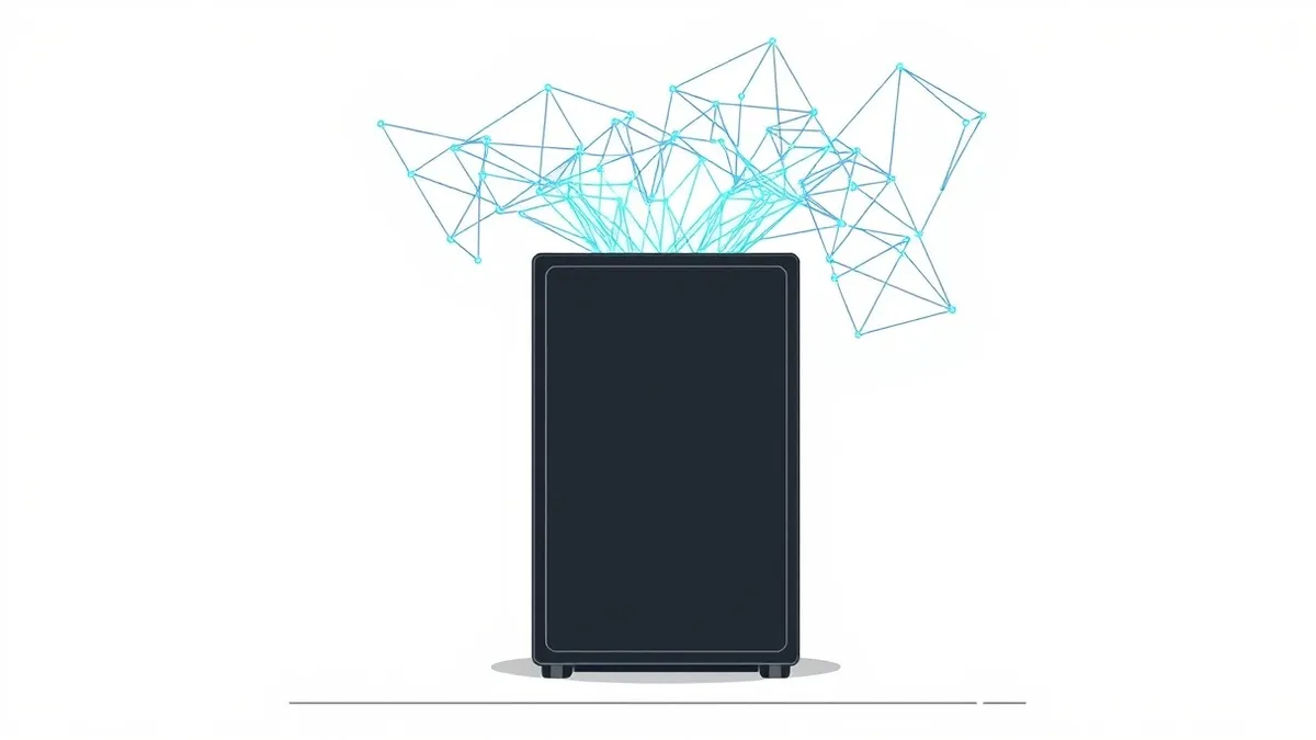 Illustration: A sleek black analytics server sits on a concrete floor, its front panel blank.