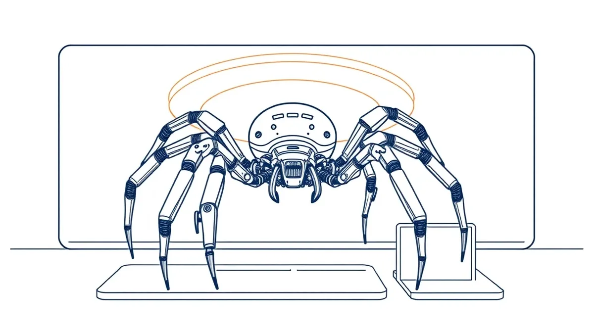 Illustration: An automated robotic spider crawls across a blank website interface, its mechanical legs grasping at empty content blocks.