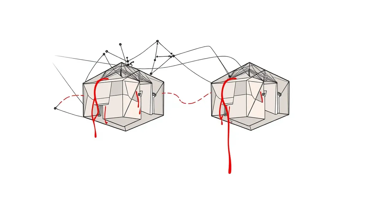 Illustration: A tangled web of translucent geometric shapes connects two distinct clusters of floating cubes.