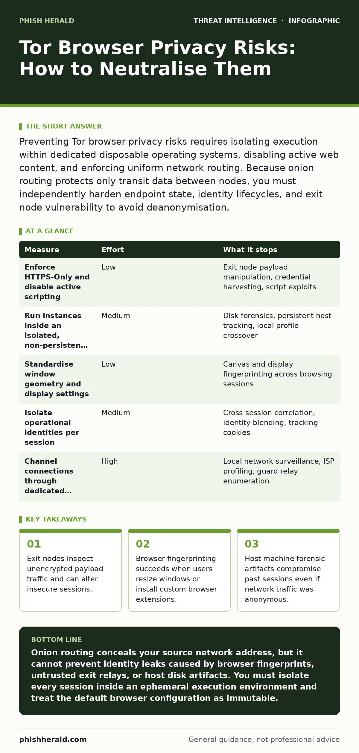 Infographic: Tor Browser Privacy Risks: How to Neutralise Them. Exit nodes inspect unencrypted payload traffic and can alter insecure sessions. Browser fingerprinting succeeds when users resize windows or install custom browser extensions. Host machine forensic artifacts compromise past sessions eve