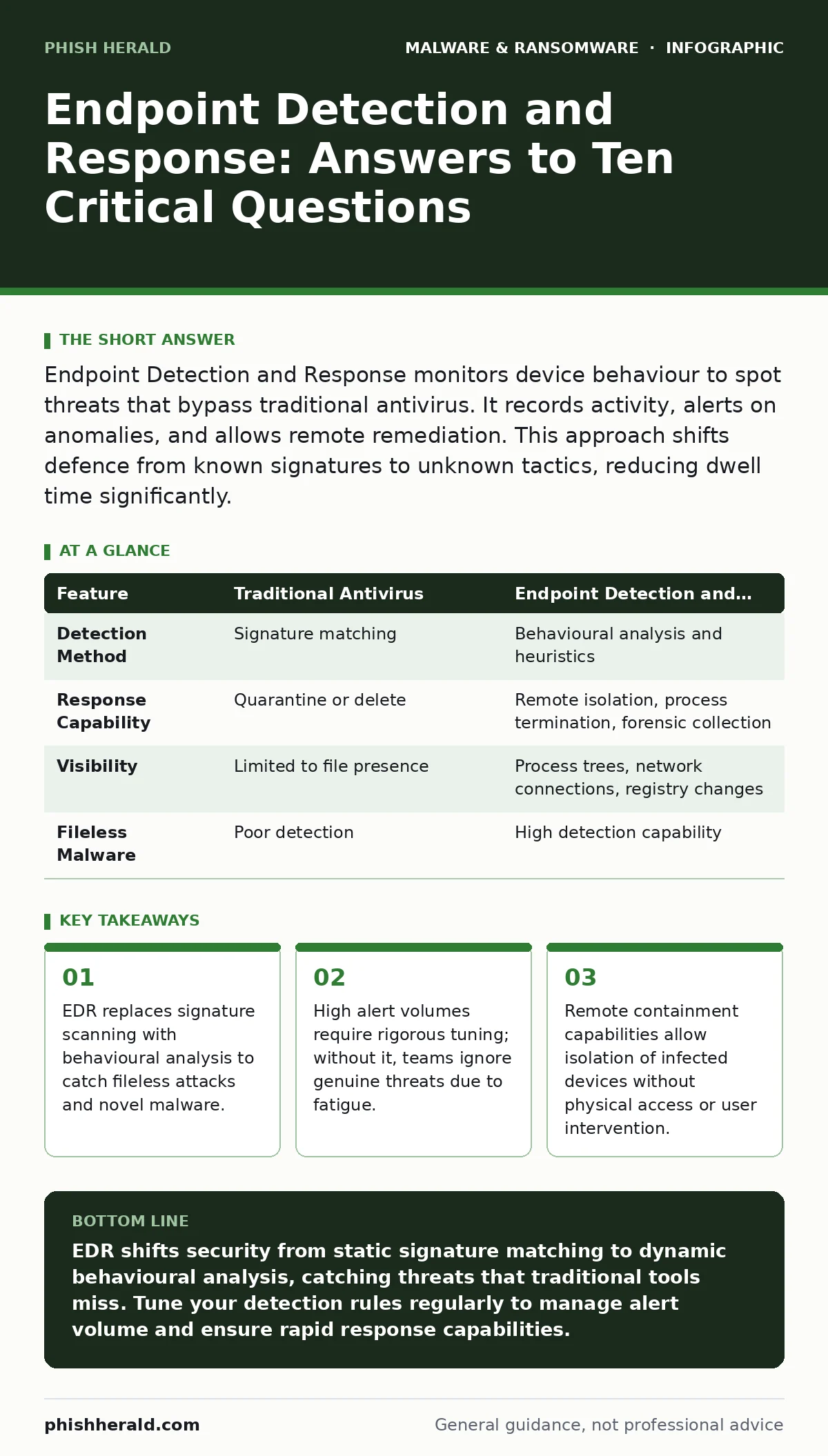 Infographic: Endpoint Detection and Response: Answers to Ten Critical Questions. EDR replaces signature scanning with behavioural analysis to catch fileless attacks and novel malware. High alert volumes require rigorous tuning; without it, teams ignore genuine threats due to fatigue. Remote containm