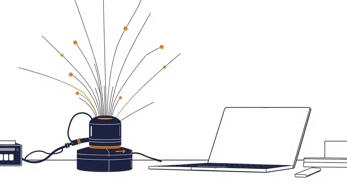 Illustration: A sleek black sensor node sits on a cluttered office desk beside a dormant laptop.