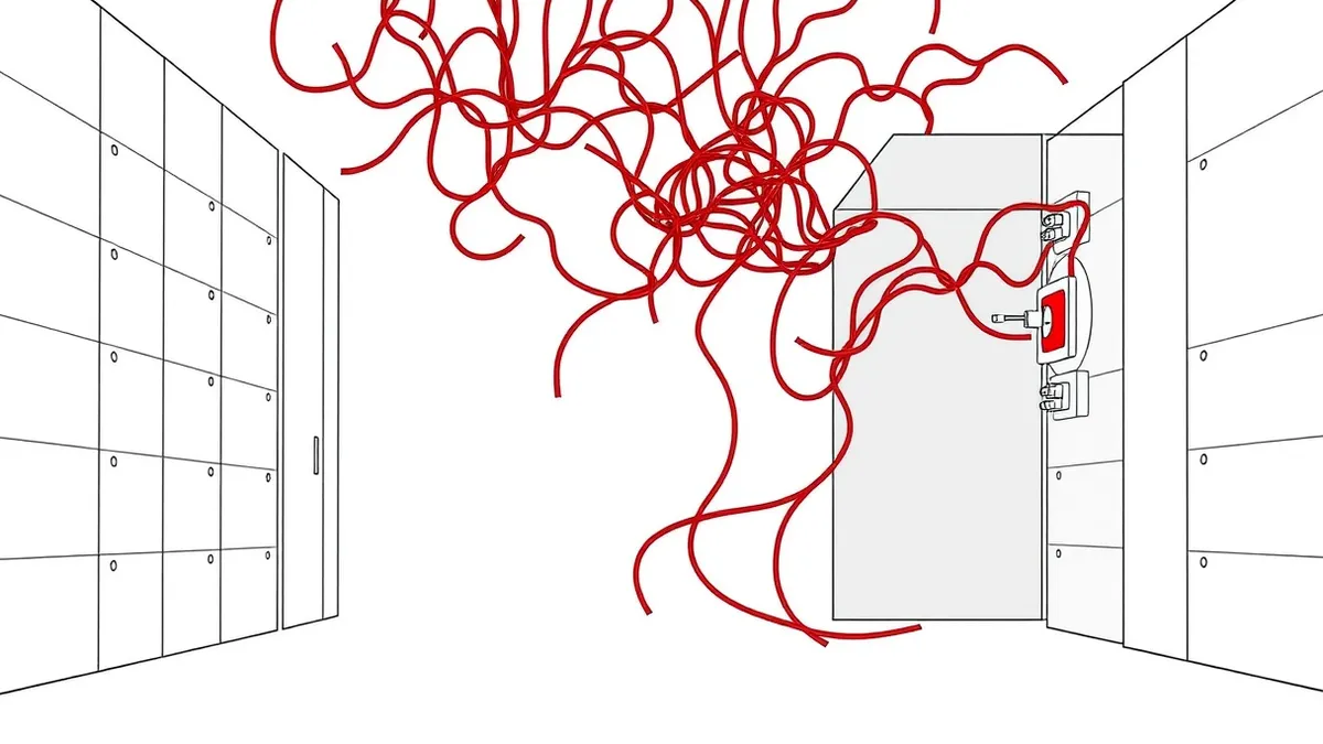 Illustration: A tangled red thread weaves through a metallic maze, bypassing simple wall guards while triggering complex sensor alarms.