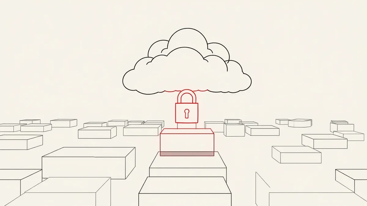 Illustration: A translucent, multi-layered cloud structure floats above a landscape of rigid, opaque gray blocks.