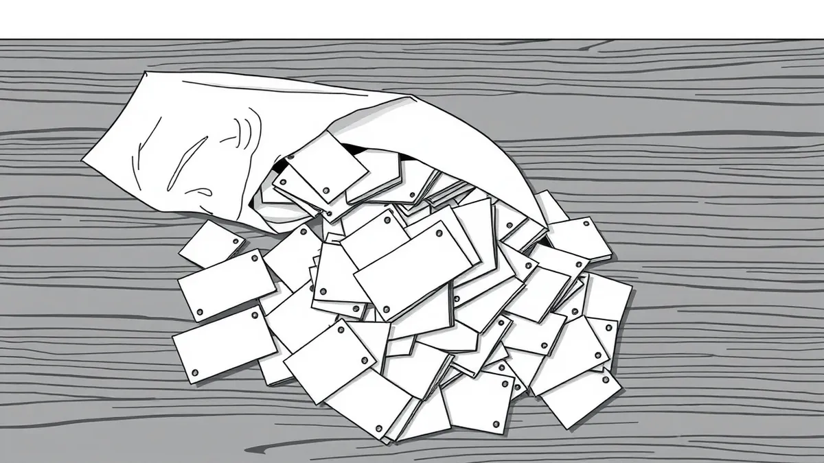 Illustration: A stack of blank white identification cards spills from a torn paper bag onto a dark wooden table.