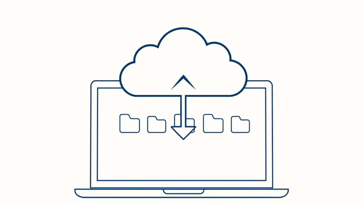 Illustration: A generic cloud storage icon floats above a laptop screen displaying empty file folders.