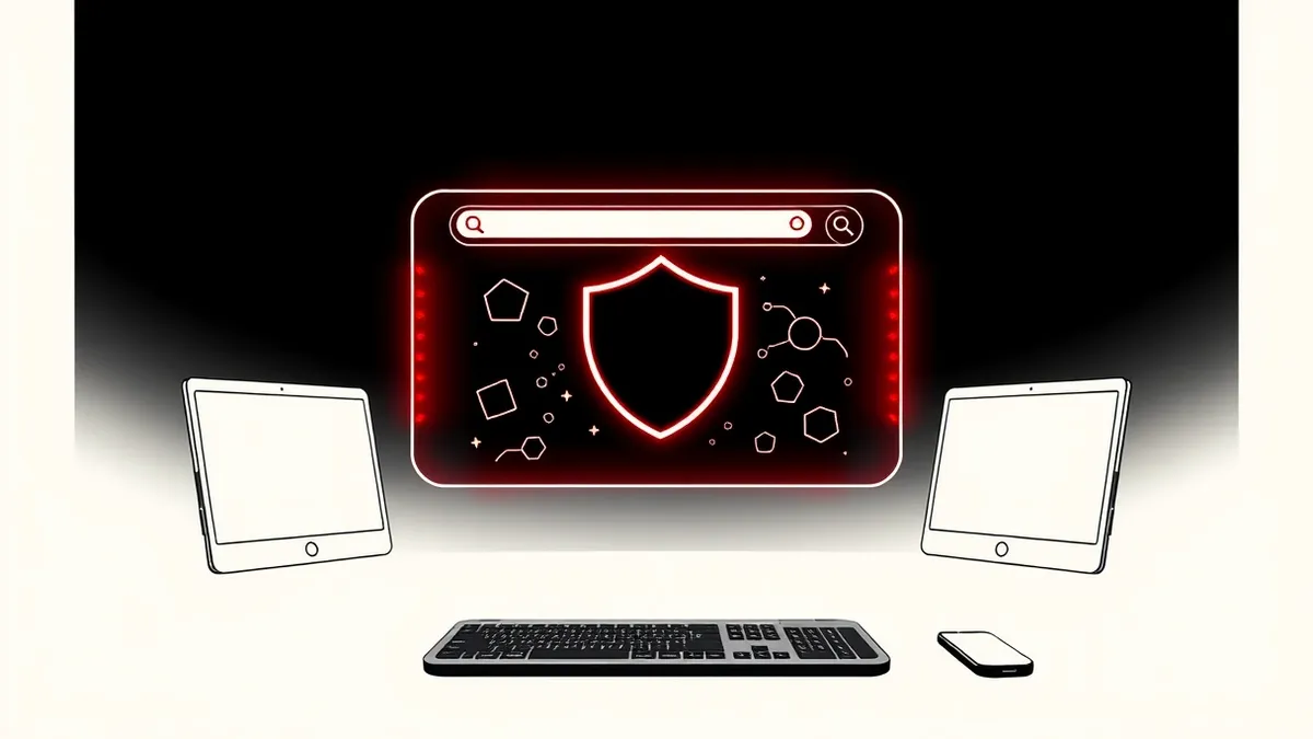 Illustration: A glowing search engine interface floats in a dark void, displaying abstract geometric shapes that represent hidden data nodes.