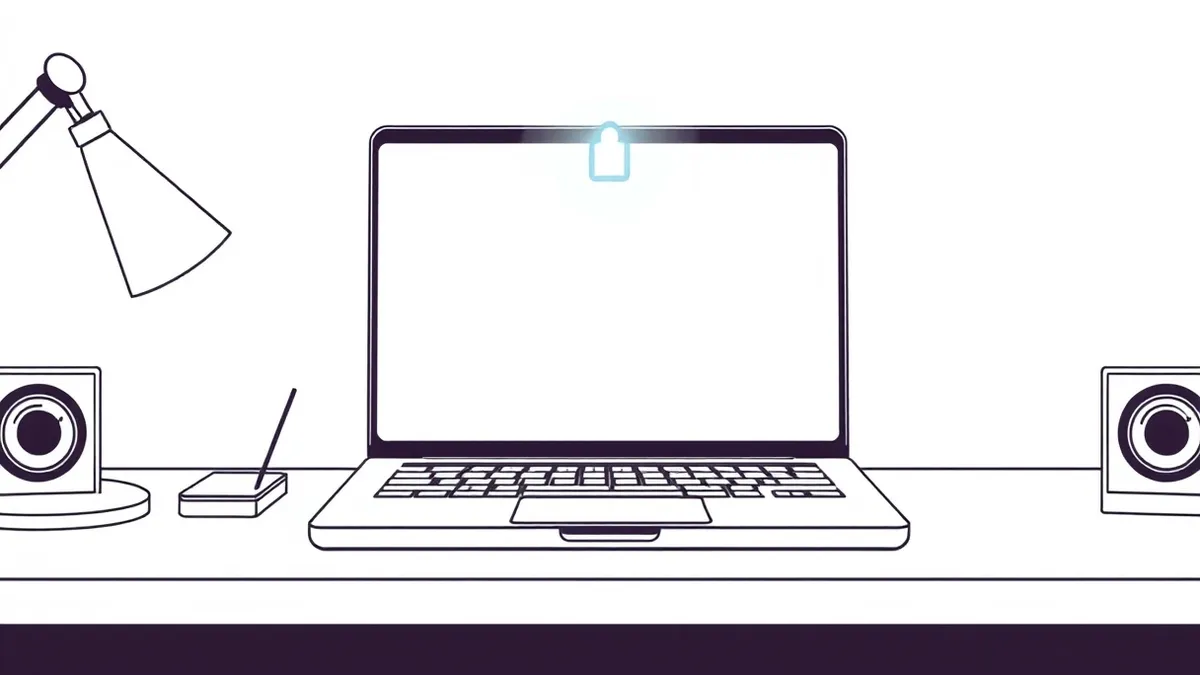 Illustration: A sleek laptop sits on a dark desk, its blank screen reflecting faint, abstract geometric patterns that suggest hidden network layers.
